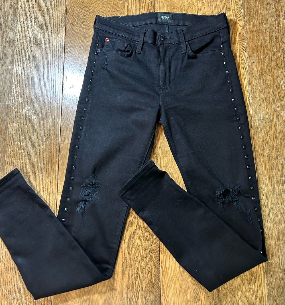 Hudson Nico Mid Rise Super Skinny Black Studded Detail Distressed Sz 27 NWOT